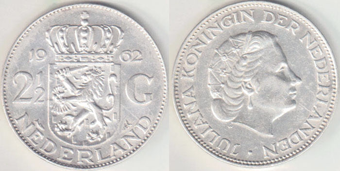 1962 Netherlands silver 2 1/2 Gulden A004585
